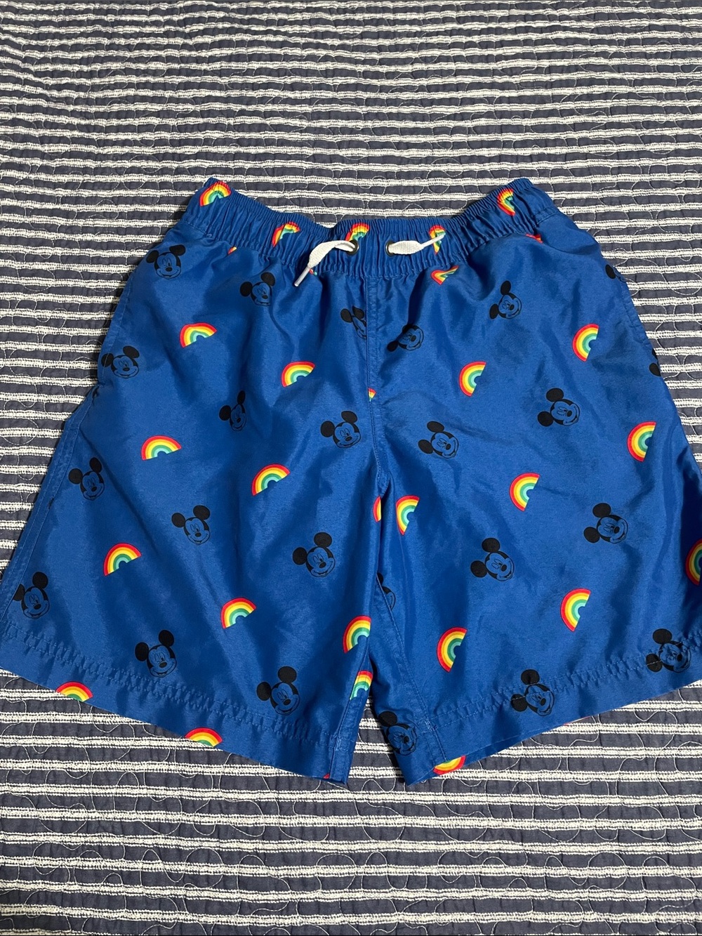 Hanna andersson disney mickey blue rainbow swim suit shorts trunks 140 10 euc